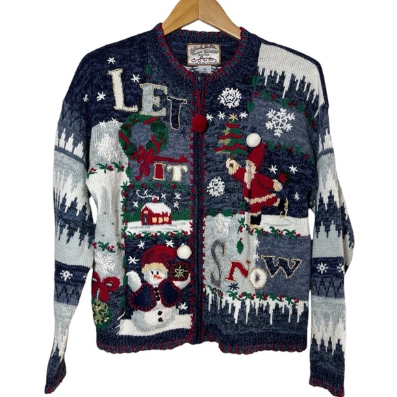VTG Ugly Sweater Heirloom Collectibles Women Medium PM Santa Patchwork Holidays - Picture 1 of 12